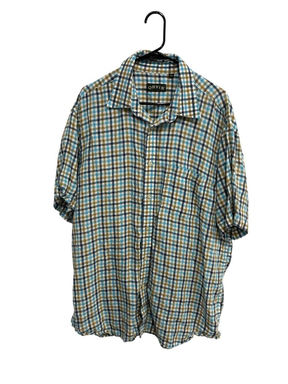 Orvis XL Mens Blue Brown Plaid Short Sleeve Button Up Shirt Traditional Collegia